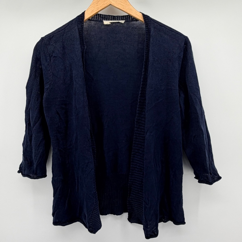 Eileen Fisher Cardigan Womens S Navy Blue Linen Open Front 3/4 Sleeve Lagenlook
